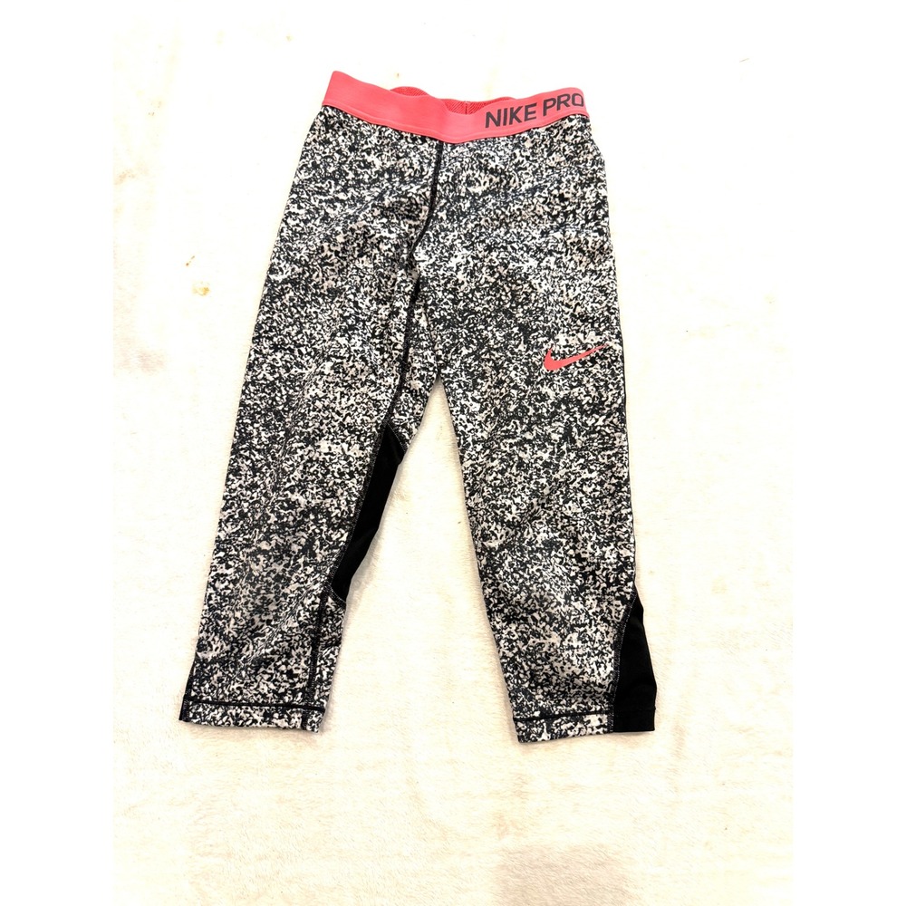 Nike Pro Girls Medium Dri-FIT Cropped Leggings Black White Pink Static Print